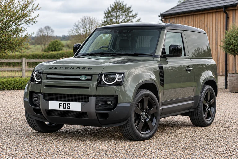 Defender 90 Commercial with no styling, in Woolstone Green. Illustrative exterior view.